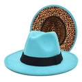 Detail of wide brim turquoise fedora showing leopard print underside and black ribbon trim - M (56-58cm) / Lake Blue