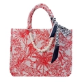 Red jungle leopard print tote bag with pearl chain strap and silk scarf handle detail - With Pearl Chain and Satin Scarf / Red Floral