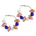 Fashionable gold hoop earrings with brown rugby beads and sparkling rhinestone charms - Brown Football-Blue AB Rhinestones