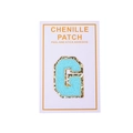 Sky blue chenille letter G patch with gold sequin border and peel and stick adhesive backing - Light Blue Letter G