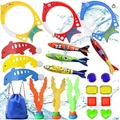 34-piece diving toy set with rings, torpedoes, grass, gems and a blue drawstring bag - 21-Piece Set (With Dolphins/Bag)