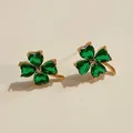 Elegant gold-tone four-leaf clover stud earrings with vibrant green heart-shaped stones - Gold Green