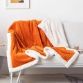 Orange striped flannel blanket with white sherpa lining draped on a sofa - Orange / 100*150cm