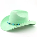 Detail of mint green suede cowboy hat featuring black woven rope and blue bead accents - Fruit Green