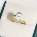 Golden open ring featuring a white round pearl and sparkling zircon butterfly accents - Minimalist Artificial Pearl & Rhinestone (Gold Tone 9)