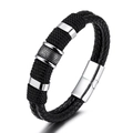 Men's double-layered black braided leather bracelet with silver magnetic buckle closure - Black/Silver Clasp