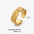 Adjustable 18K gold plated stainless steel leaf ring with vintage textured finish - Overlapping Leaf Veins Style (ZN145) / Gold
