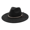 Classic black wide-brimmed fedora hat with brown leather band and white woven details - Black