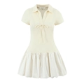 Creamy white polo puff dress with bow tie waist and textured fabric stitching - S / Milky White