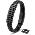 Men's black braided leather bracelet with black metal rings and magnetic buckle - Single Loop Wrap / Black