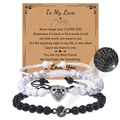 Matching couples beaded bracelets with 100 languages projection stone and message card - Volcanic Stone + White Turquoise