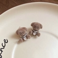 Brown flocked teddy bear earrings with silver metal collar and heart crystal charm - Flocked Bear Heart Pendant (34#)