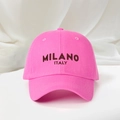 Pink Milano Italy embroidered cotton baseball cap on elegant white silk fabric background - Bright Pink