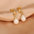 Detailed close-up of 18K gold plated drop earrings featuring elegant white freshwater pearls - ER1467-A Gold Ball Double Oval Pearl