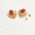 Detailed view of vintage gold plated butterfly earrings with red oval stones and wavy edges - Gold-Red (TE-15096)