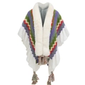 Detail of colorful zigzag pattern knit poncho with white faux fur collar and tassels - Purple/Green Splicing (11#)
