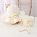 Creamy white straw hat and matching flower bag set for little girls' summer sun protection - Hat + Bag Set / Cream
