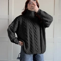 Dark grey high-neck cable knit sweater with zipper detail and relaxed fit style - S / Gray