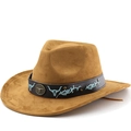 Sombrero cowboy de ante marrón con cinturón decorativo de cabeza de toro y remaches - Caqui