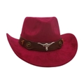 Magenta suede western cowboy hat with brown band and silver bull head ornament SKU - One Size / Burgundy