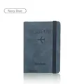 Navy blue faux leather travel passport holder with elastic strap and engraved cover - Navy Blue Strap Passport Cover / Aqua