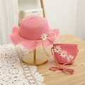 Close-up of pink straw hat and mini bag set with daisy flower and bow details - 54cm / Hat + Bag Set / Watermelon red