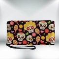 Faux leather long zipper wallet featuring colorful Mexican sugar skull and floral patterns - Black Mexican Sugar Skull (QB-035)