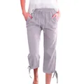 Detail of light purple linen pants featuring adjustable drawstring waist and side pockets - S / Light Gray