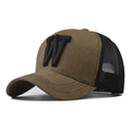 Detail of vintage washed trucker hat with 3D embroidered W letter and breathable mesh - Adjustable / Khaki
