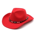 Detail of red wool felt cowboy hat featuring black leather band and silver star accents - M (56-58cm) / Red