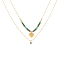 Double-layered gold necklace with green beads, a heart pendant, and blue rhinestone - Heart Shape