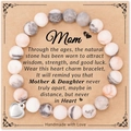 Natural marble stone bead bracelet with a silver heart charm on a gift display card - Pink Zebra + Mom Card