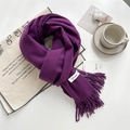 Soft purple faux cashmere winter scarf featuring fringe tassels and woven brand label - Dark Purple