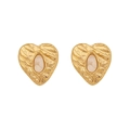 Vintage gold heart stud earrings with hammered texture and oval opal stone inlay - White