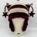 Handmade burgundy and beige striped cat ear beanie with star tassels and plush earmuffs - Burgundy White