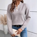 Light purple V-neck knit sweater with white lace trim and cozy long sleeves for women - S / Silver Gray