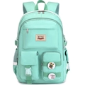 Detail of mint green school backpack featuring functional buckle pockets and decorative badges - Bare Bag / Light Green