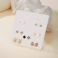 7-day gold earring set featuring pearls and crystals on a white Monday to Sunday card - Gold Rabbit Gemstone Style (E1987-1)