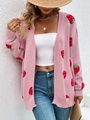 Roze gebreid vest met aardbeienpatroon, V-hals en lange mouwen voor dames - 0XL / Roze