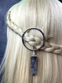 Detail of silver circular hair clip with natural black crystal pendant on braided hair - Black Rutilated Quartz Round Hair Slide