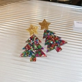 Christmas tree earrings with golden stars and colorful sequins inside clear acrylic - Christmas Tree Star Sequin Resin Stud Earrings