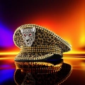 Dettaglio del cappello militare leopardato con rivetti dorati e testa di leopardo strass - Stile Testa di Leopardo Borchie Dorate (01-豹头金铆钉)
