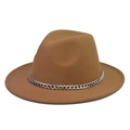 Classic camel wool fedora hat with a silver metal chain trim on a flat brim - Camel Hat Silver Chain
