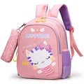 Pink and purple kids backpack featuring a cute cartoon cat print with small pouch - Cat Style-Pink