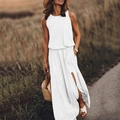 Witte tweedelige zomerse dames set met mouwloze top en maxi rok met hoge zijsplit - S / Dresses / Wit