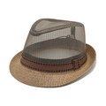 Men's breathable mesh fedora hat with woven straw brim and brown decorative band - M (56-58cm) / Khaki