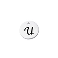 Macro shot of mirror-polished stainless steel round pendant with engraved letter U - Letter U
