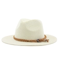 Close-up of cream fedora straw hat with brown woven band and metallic tassel detail - Creamy White