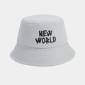 Detail of light gray bucket hat featuring New World text print and reinforced stitching - One Size / Light Blue