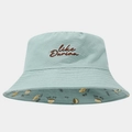 Detail of mint green bucket hat with Like Durian embroidery and fruit print lining - One Size / Mint Green